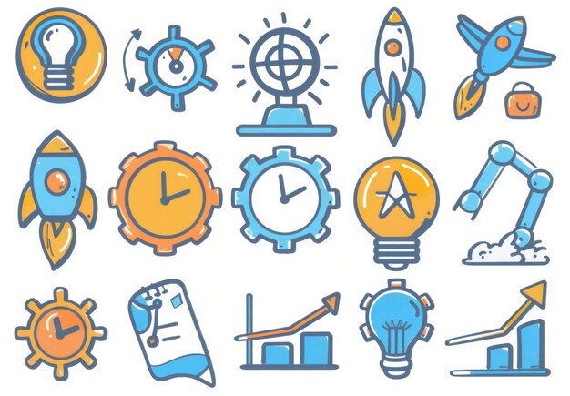 A set of hand drawn business icons in a blue pen stroke style Includes a calculator a megaphone element and a business money icon sketch