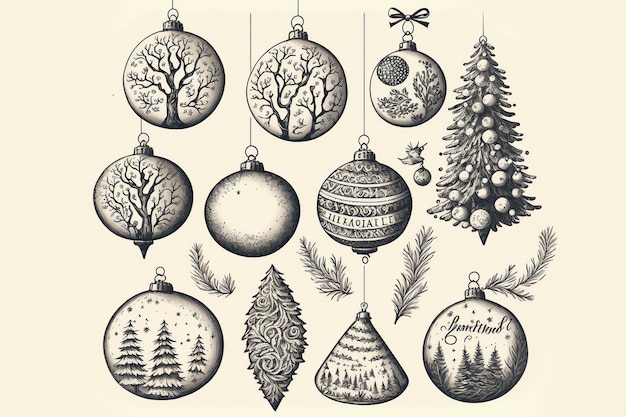 Set of hand drawn christmas baubles decoration digital painting artwork