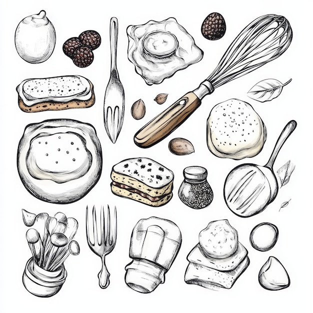 Photo set of hand drawn food and kitchen utensils illustration on white background