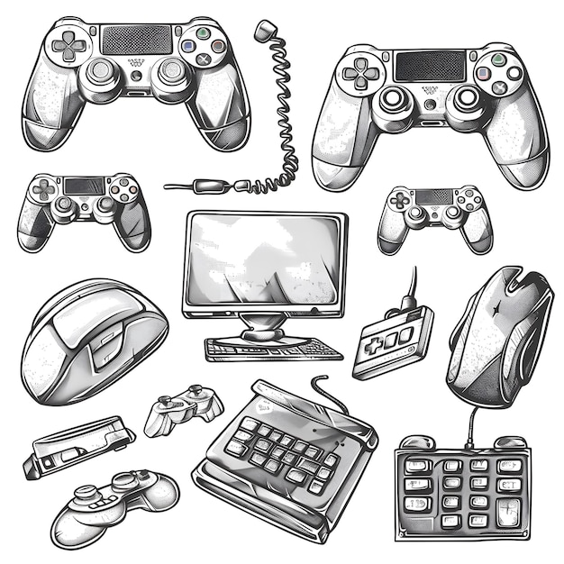 Photo set of hand drawn gamer gadget doodle isolated on white isolated on white background