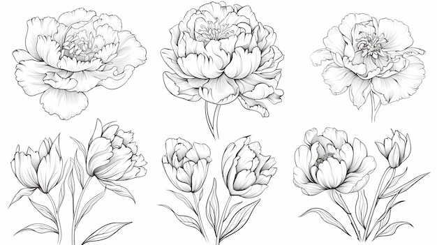 Set of hand drawn peony flowers isolated on white background Generative AI illustrations