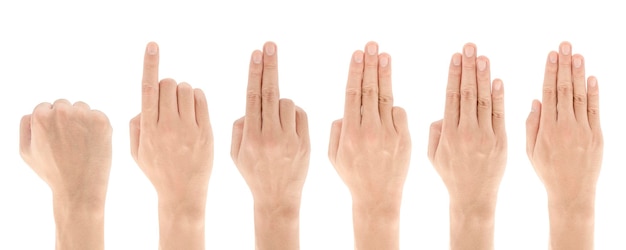 Set of Hand and Finger gesture isolated on white background, Count number gesture, Clipping path Inc