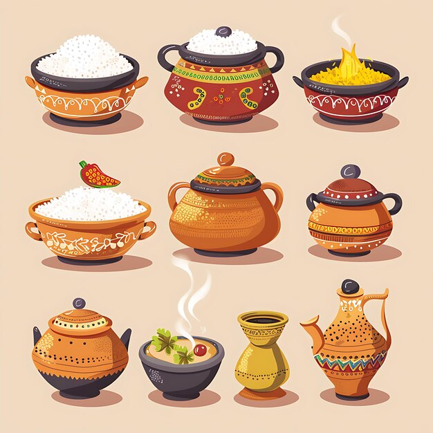 Photo set of handdrawn clay pots for cooking and serving perfect for traditional cuisine and kitchen decor