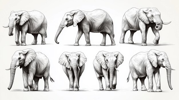 Photo set of handdrawn elephant illustrations generative ai