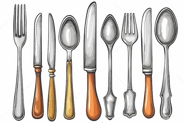 Set of HandDrawn Silverware Spoons Forks and Knives