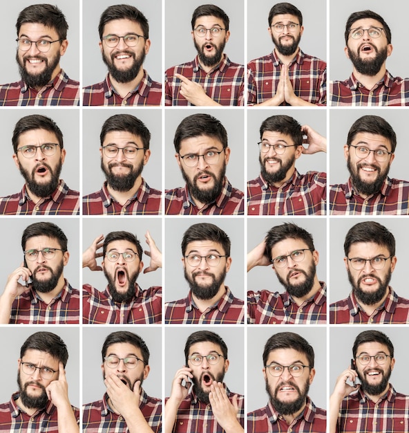 Photo set of handsome man with different emotions and gestures