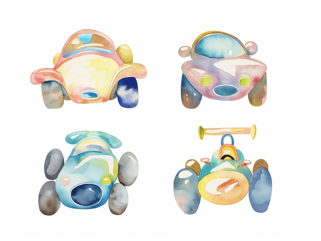 set of happy cute car watercolor illustrations for printing on baby clothes Watercolor cute racing