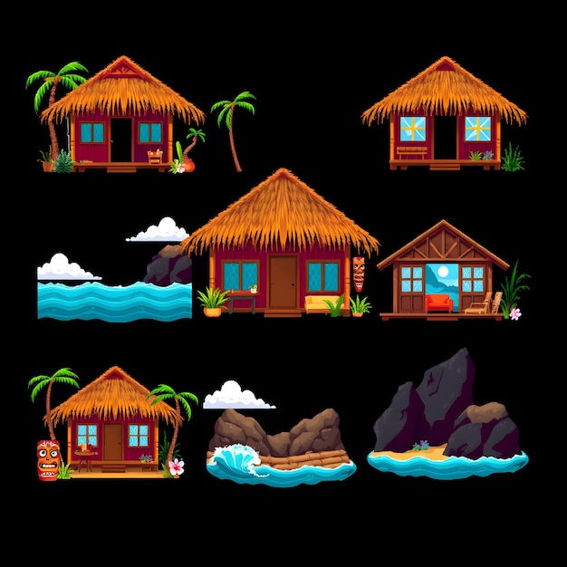 Set Hawaiian Bungalows With Island Paradise Palm Thatched Roofs Open Air Spaces and Bamboo Furnitu