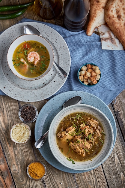 A set of healthy food in plates