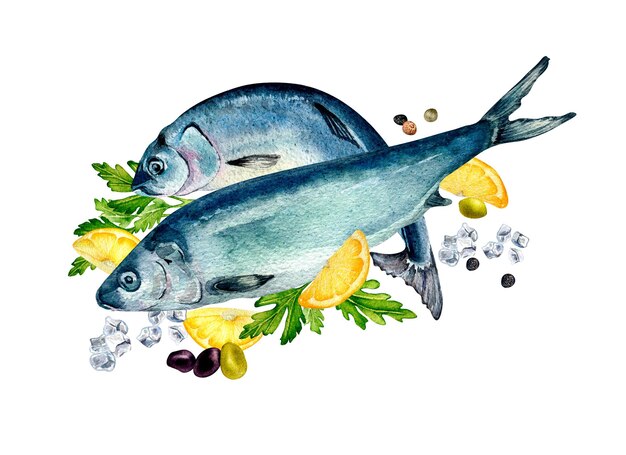 Set of herring and lemon slices watercolor illustration isolated on white