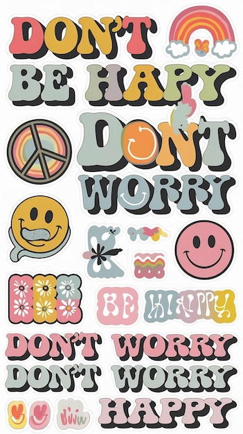 Photo set of hipster cool trendy retro stickers vector design dont worry be happy badges