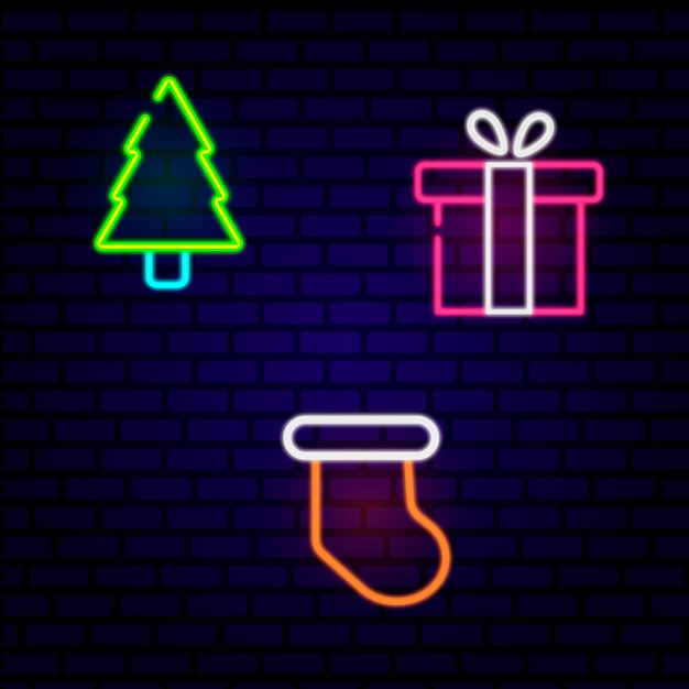 Set of holidays icons of gift boxes, Christmas tree, Christmas sock on brick wall background. Vector illustration. Trends happy new year