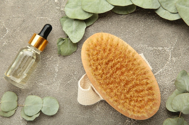 Set of home SPA cosmetic products Dry Brush and Organic Oil Anticellulite brush for dry body massage