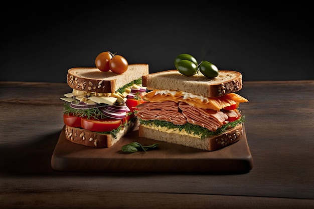 Set of homemade sandwiches with cheese meat and vegetables on board on dark background