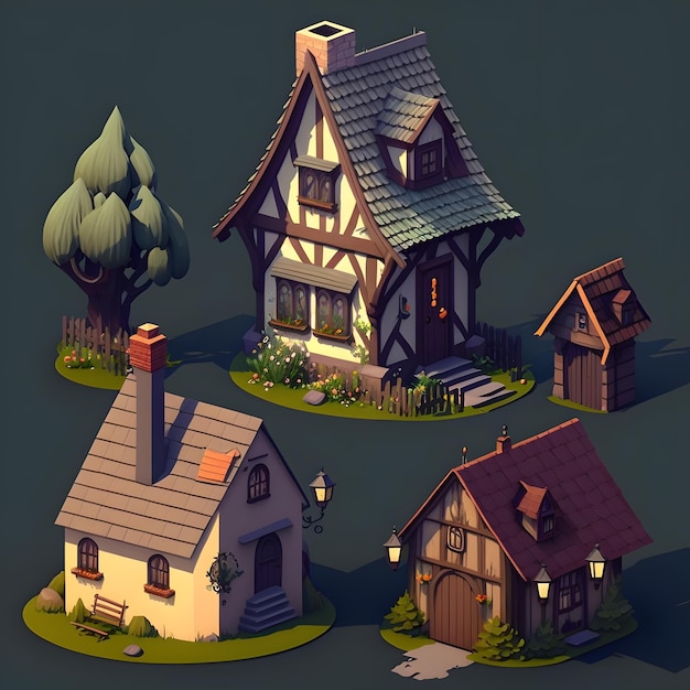 A set of houses with a tree in the background