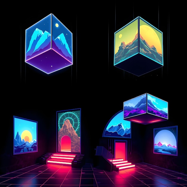 Photo set hovering cubes with holographic projections cubes float in mid air walls adorned with holograp