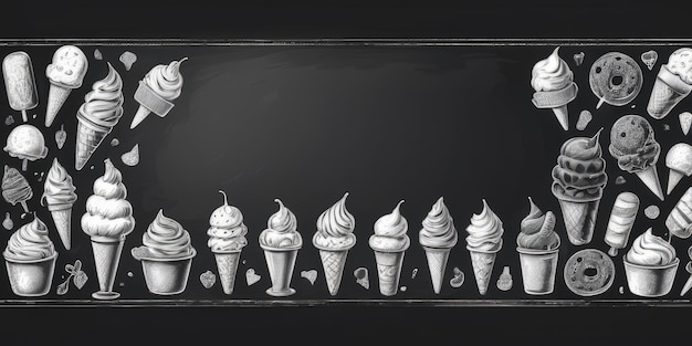 Photo set ice cream advertising menu on a chalkboard with copy space