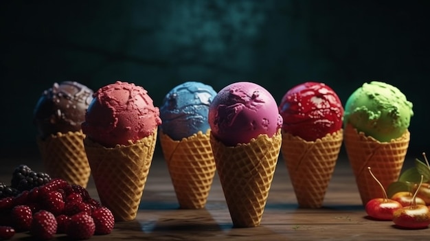 Set of ice cream in waffle cone Generative Ai