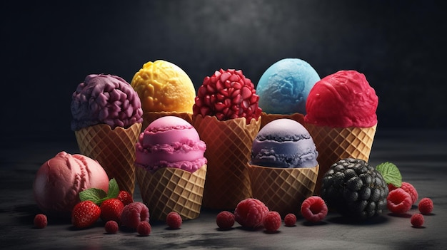 Set of ice cream in waffle cone Generative Ai