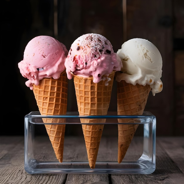 Set of ice cream in waffle cone isolated