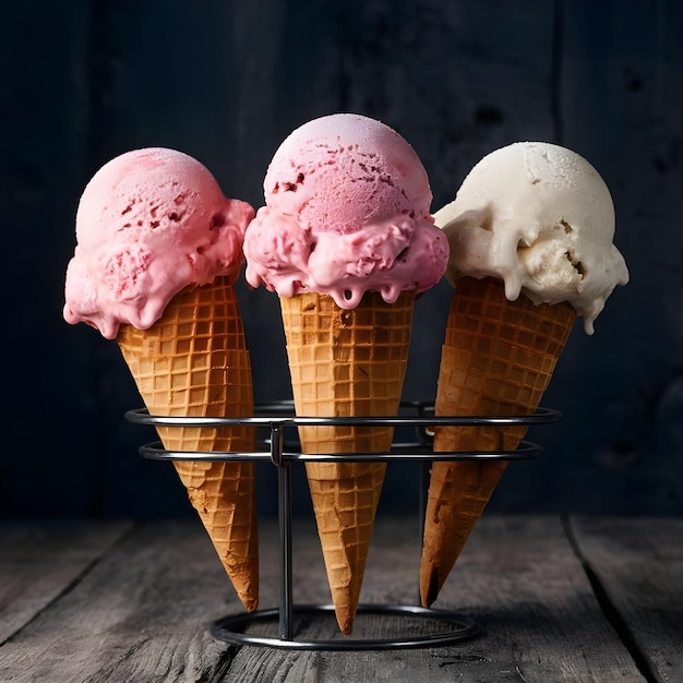 Photo set of ice cream in waffle cone isolated