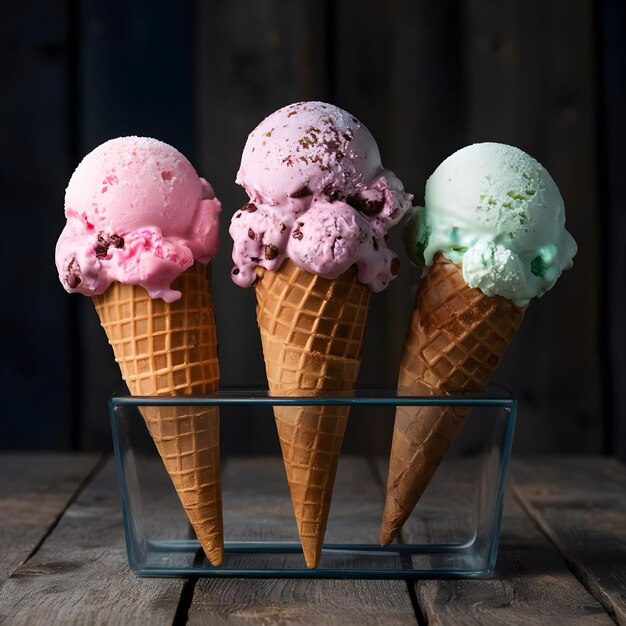 Photo set of ice cream in waffle cone isolated