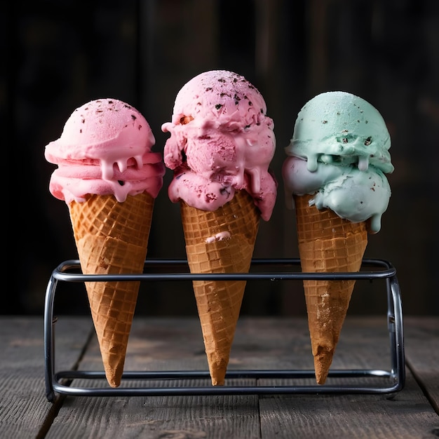 Set of ice cream in waffle cone isolated