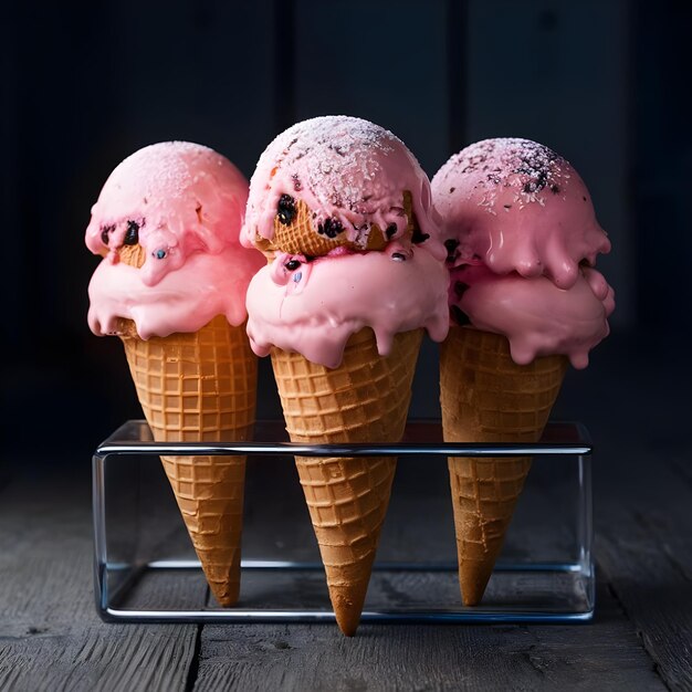 Photo set of ice cream in waffle cone isolated