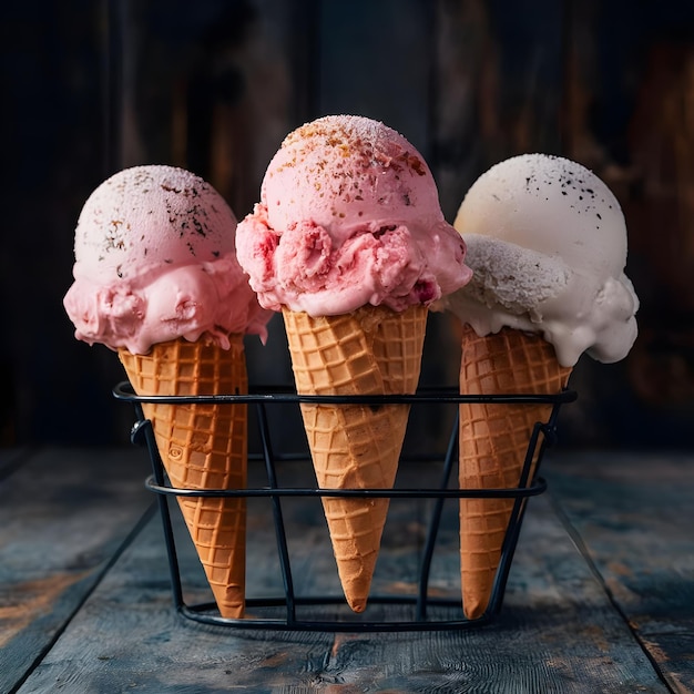 Set of ice cream in waffle cone isolated