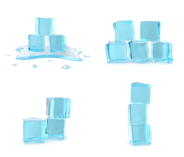 Set ice cubes isolated on white background 3d illustration