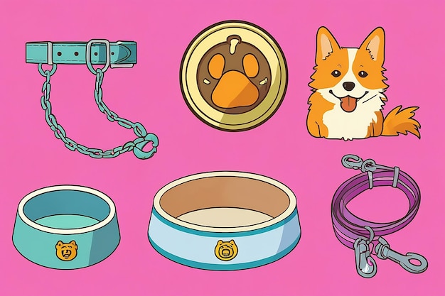 Photo a set of icons of accessories for dogs and cats a booth bowls of food a leash and collars with a medallion