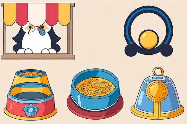 A set of icons of accessories for dogs and cats a booth bowls of food a leash and collars with a medallion