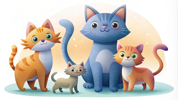 Photo set of illustrations in cartoon style super cute cats with big eyes on white background