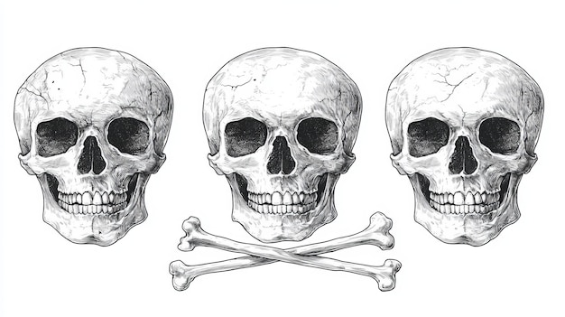 A set of illustrations with black ink outlines and a white background featuring skulls in various poses and expressions including some crossed bones at the bottom for decoration or design purposes