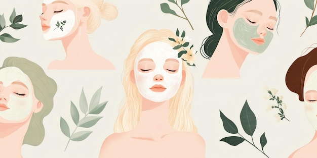 Photo set of illustrations of a young beautiful woman applying a cosmetic mask to her face complemented by twigs and leaves natural cosmetics eco