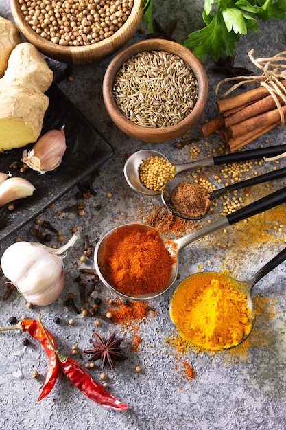 Set of Indian spices and herbs selection on a stone table