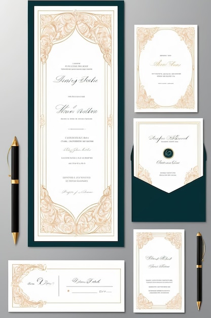 Photo a set of invitation cards with gold accents and a pen