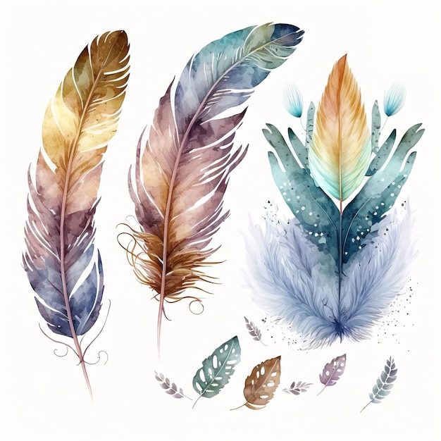 Set of isolated illustrations watercolor style feathers generative ai