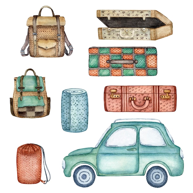 Set of items for traveling by car Suitcases backpacks travel mat Watercolor illustration