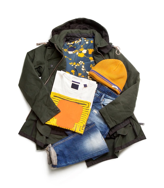 A set of jackets, jeans, sweatshirts, caps and T-shirts