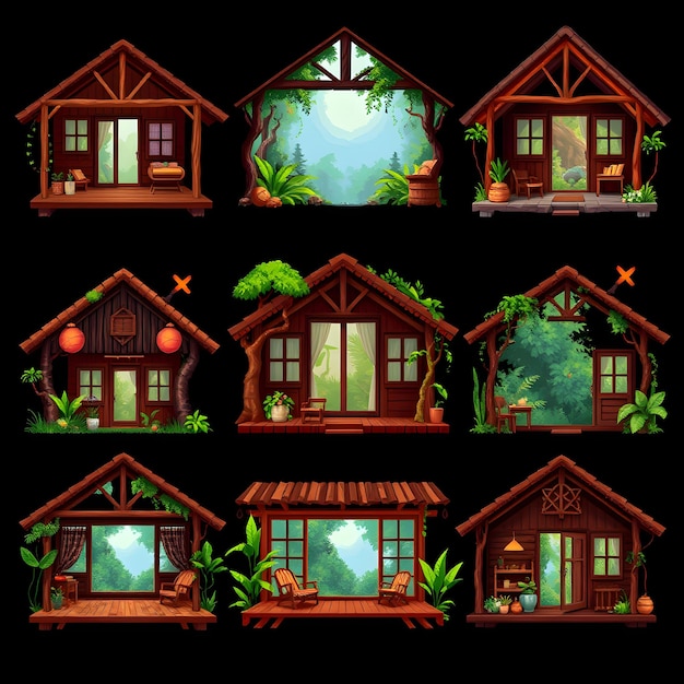 Set Jungle Huts With Wooden Beams and Large Windows Jungle Views and Natural Decor A Fresh and Ea