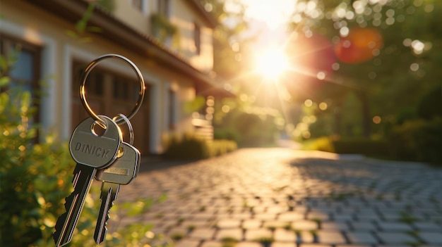 Photo a set of keys with the house in focus on background real estate concept a sun is shining through trees close up of home entrance and garage door