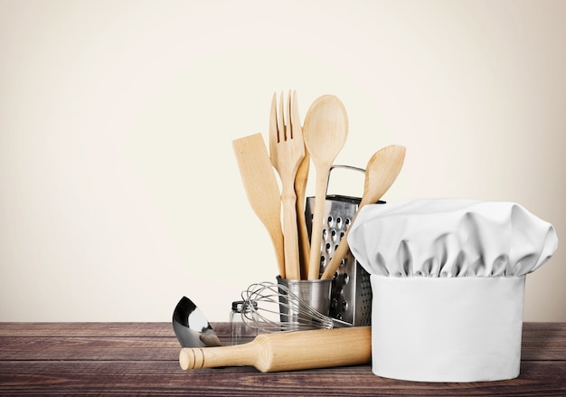 Set of kitchen utensils on background