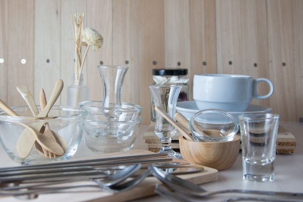 Set of kitchen ware on table, Kitchen Utensils. 