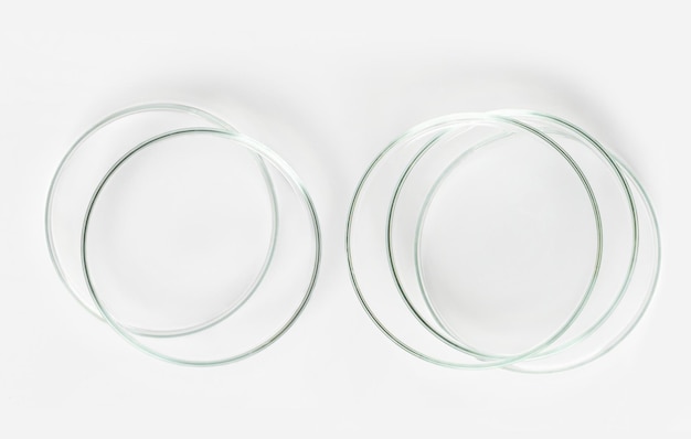 A set of laboratory glassware on a light background Petri dishes in various forms