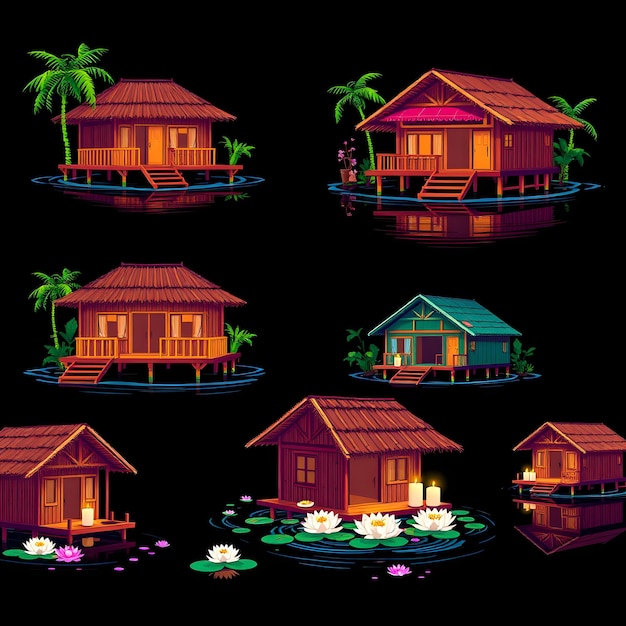 Set Lagoon Bungalows With Stilted Platforms and Bamboo Walls Floating Candles and Water Lilies A