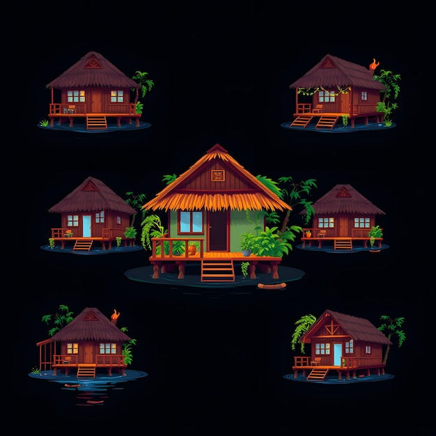 Set Lagoon Side Huts With Stilts and Wraparound Decks Hanging Ferns and Bamboo Torches A Tranquil