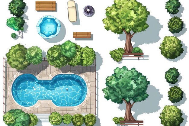 Photo set of lake and swimming pool elements for landscaping