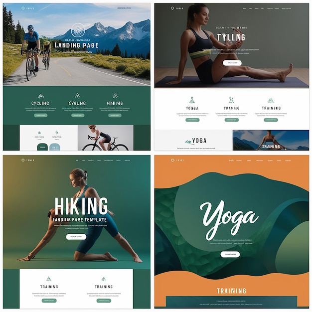 Photo set of landing page design templates for cycling hiking training and yoga