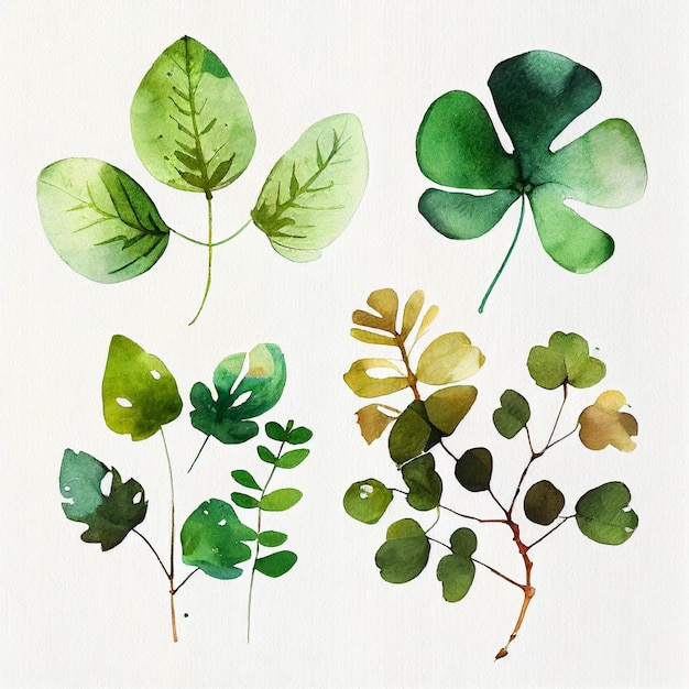 Set of leaf painting watercolor illustration with margins created with Generative AI technology